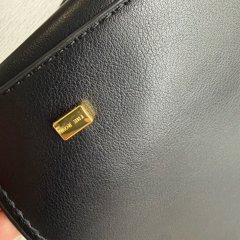 The Row Margaux Inspired Black Leather Drawstring Pouch with Gold Accents - Picture 14 of 14